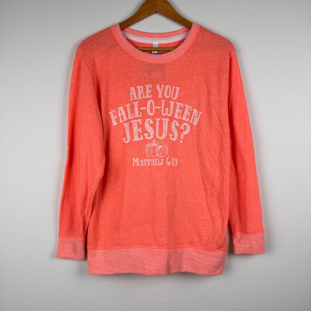 L.A.T. Apparel Sweatshirt Women M Coral NEW Fall-O-Ween Jesus Graphic Casual